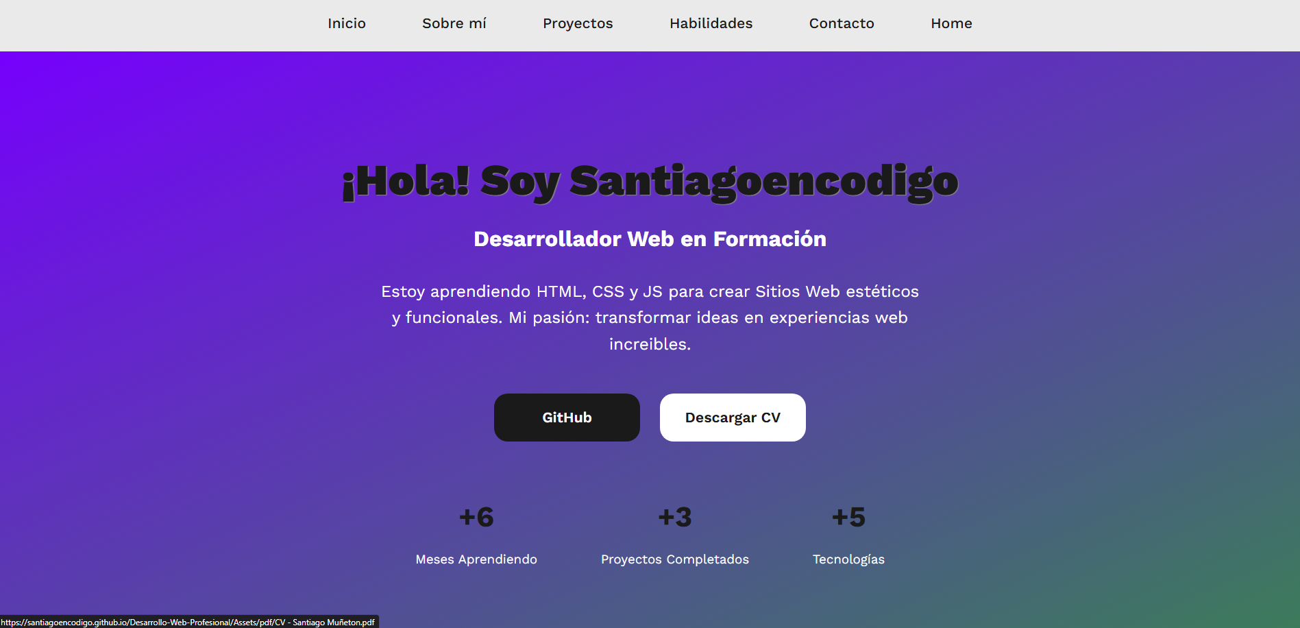 Diseño de interfaz portfolio santiagoencodigo desarrollado con HTML y CSS